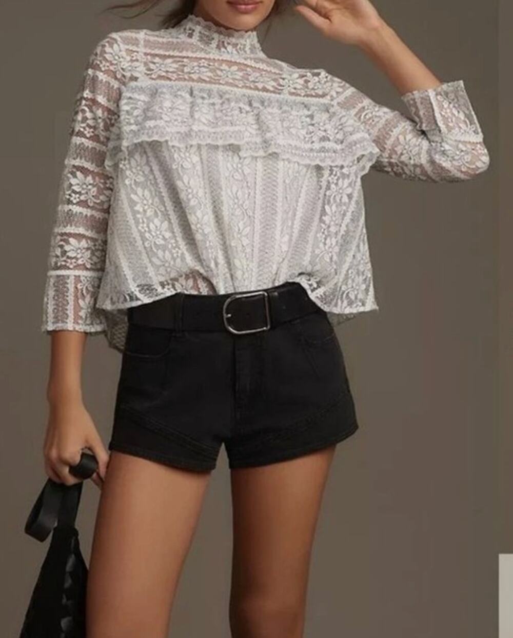By Anthropologie Women Mock-Neck Long-Sleeve Lace Top Clean Girl Festival Size M